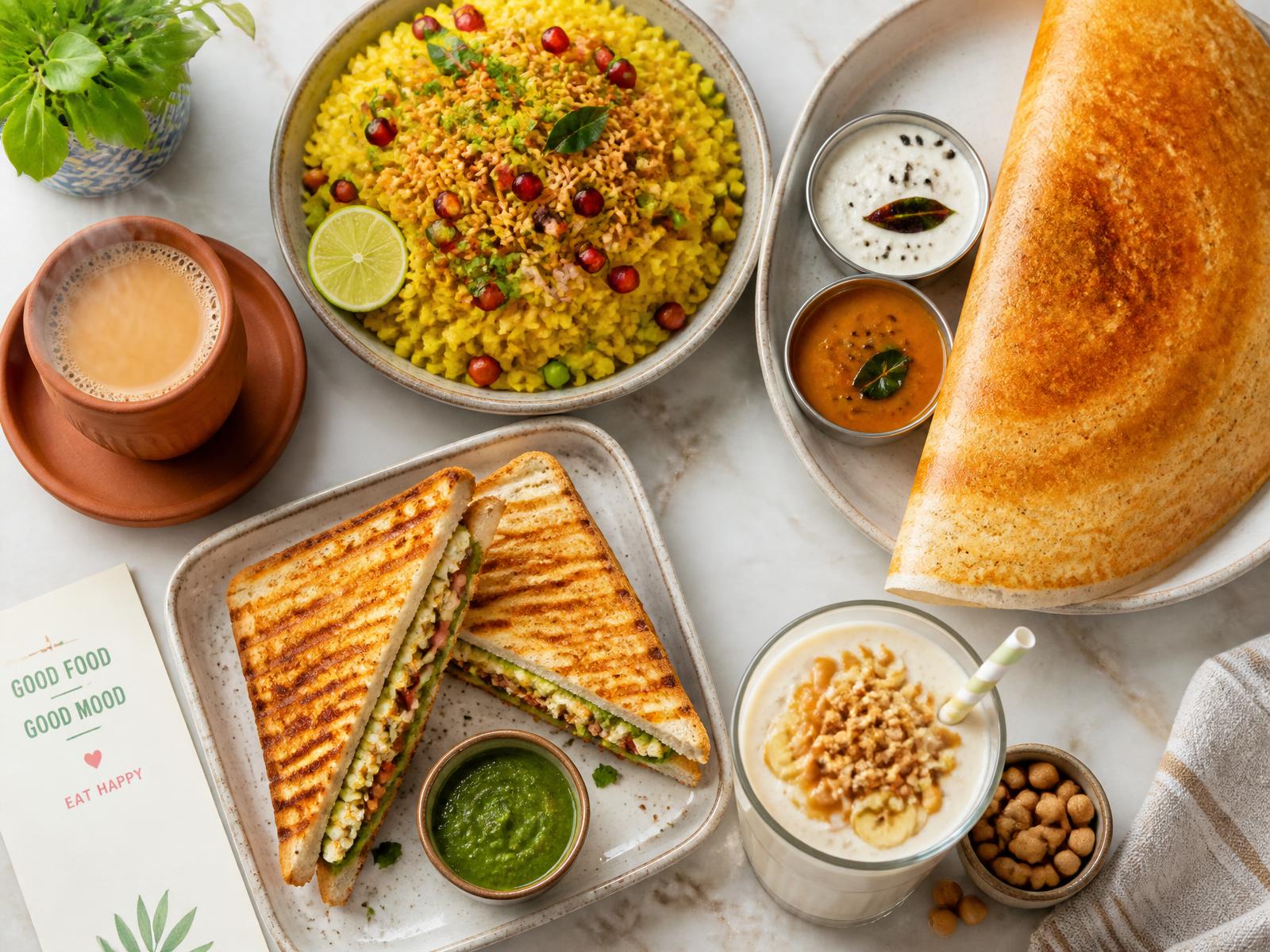 Masala poha, dosa, kulhad chai, grilled sandwich and a banana smoothie laid out on a table